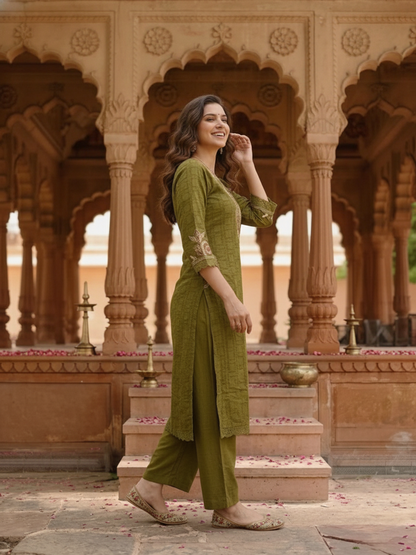 Olive Green Solid Cotton A-Line Kurta Set with Foil Mirror & Threadwork Embroidery, Round Neck, Palazzo & Pure Cotton Tassel Dupatta