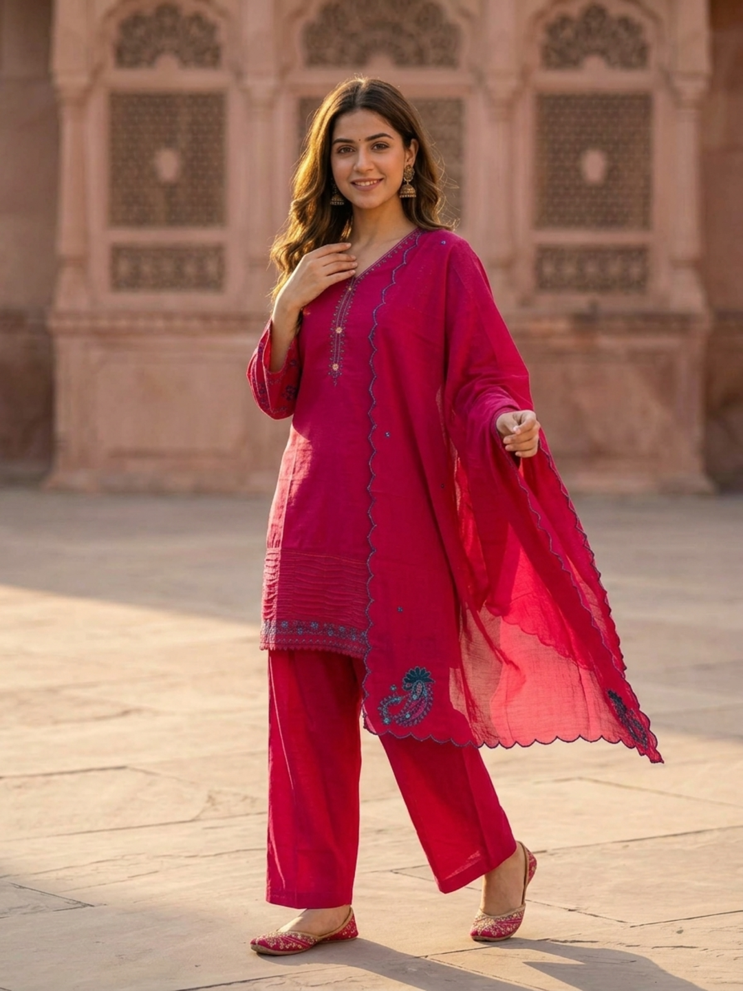 Magenta Pink Solid Cotton Straight Kurta Set with Ethnic Embroidery, Salwar & Embroidered Cotton Dupatta