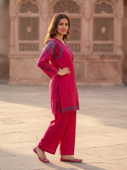 Magenta Pink Solid Cotton Straight Kurta Set with Ethnic Embroidery, Salwar & Embroidered Cotton Dupatta
