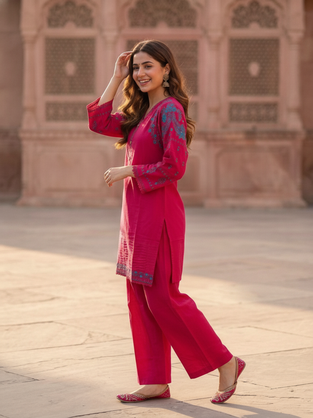 Magenta Pink Solid Cotton Straight Kurta Set with Ethnic Embroidery, Salwar & Embroidered Cotton Dupatta