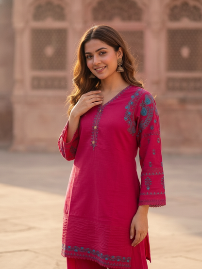 Magenta Pink Solid Cotton Straight Kurta Set with Ethnic Embroidery, Salwar & Embroidered Cotton Dupatta
