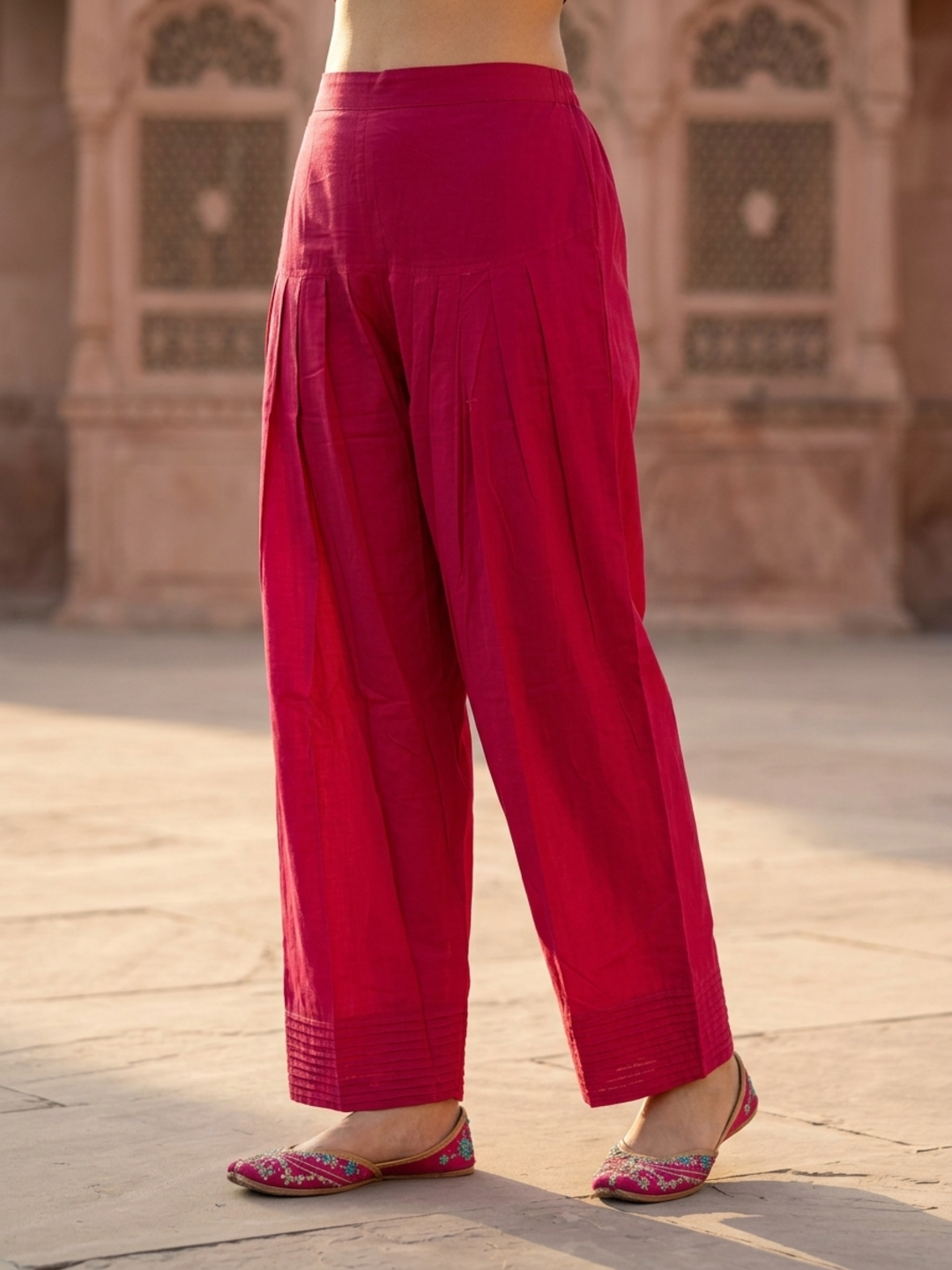 Magenta Pink Solid Cotton Straight Kurta Set with Ethnic Embroidery, Salwar & Embroidered Cotton Dupatta