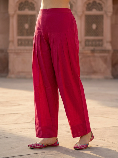 Magenta Pink Solid Cotton Straight Kurta Set with Ethnic Embroidery, Salwar & Embroidered Cotton Dupatta