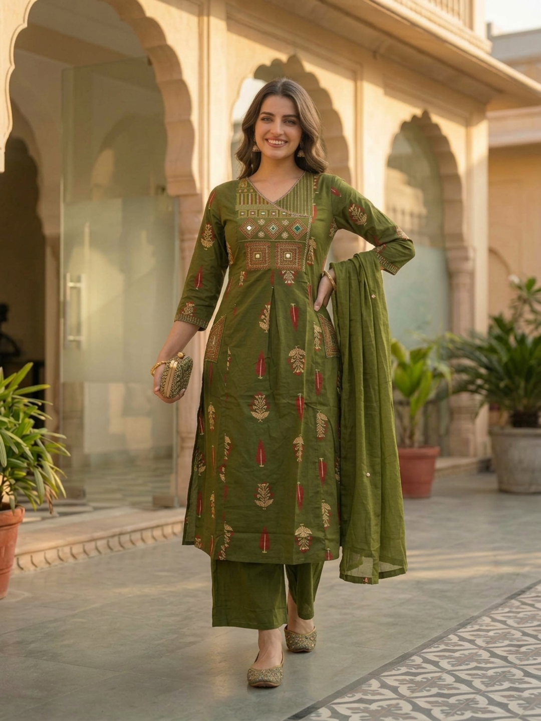 Olive Floral Printed Cotton A-Line Kurta Set with Mirror & Threadwork Embroidery, Palazzo & Embroidered Cotton Dupatta