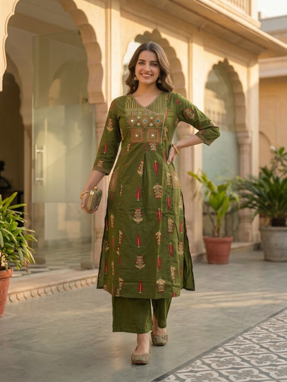 Olive Floral Printed Cotton A-Line Kurta Set with Mirror & Threadwork Embroidery, Palazzo & Embroidered Cotton Dupatta