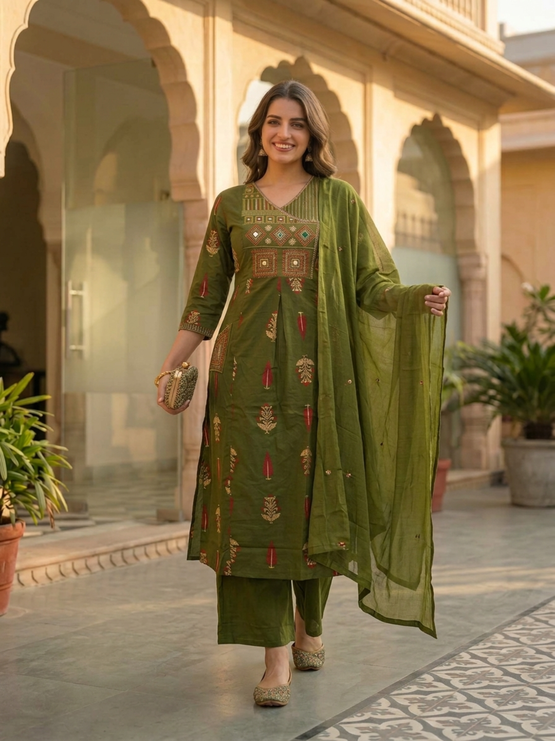 Olive Floral Printed Cotton A-Line Kurta Set with Mirror & Threadwork Embroidery, Palazzo & Embroidered Cotton Dupatta