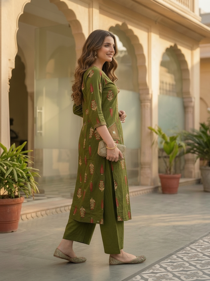 Olive Floral Printed Cotton A-Line Kurta Set with Mirror & Threadwork Embroidery, Palazzo & Embroidered Cotton Dupatta