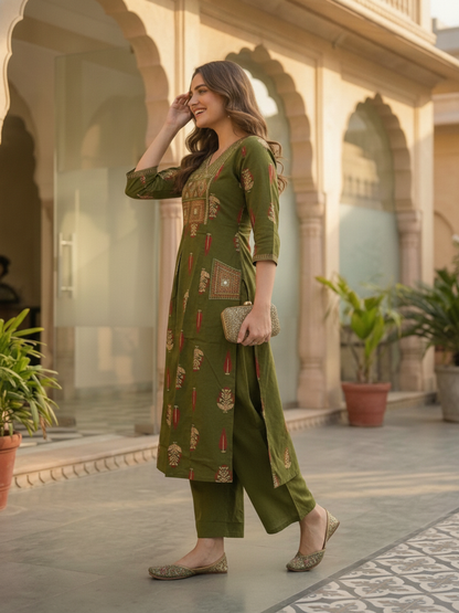 Olive Floral Printed Cotton A-Line Kurta Set with Mirror & Threadwork Embroidery, Palazzo & Embroidered Cotton Dupatta