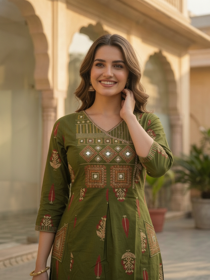 Olive Floral Printed Cotton A-Line Kurta Set with Mirror & Threadwork Embroidery, Palazzo & Embroidered Cotton Dupatta