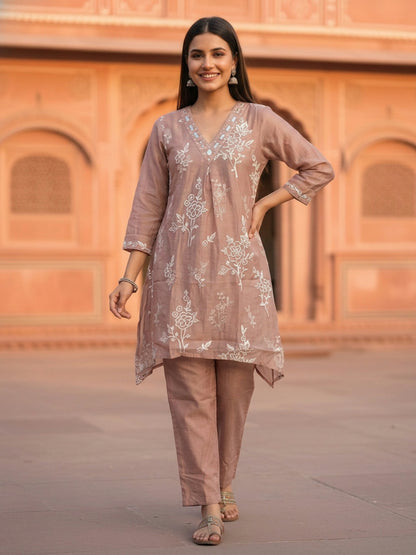 Mauve Solid Chanderi Silk A-Line Kurta Set with Floral Mirror & Threadwork Embroidery & Palazzo