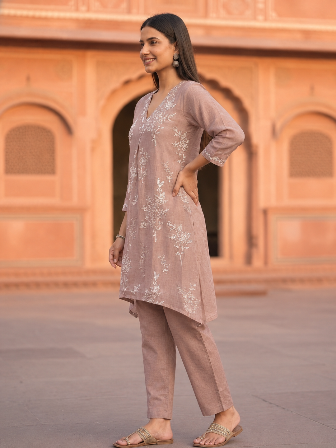 Mauve Solid Chanderi Silk A-Line Kurta Set with Floral Mirror & Threadwork Embroidery & Palazzo