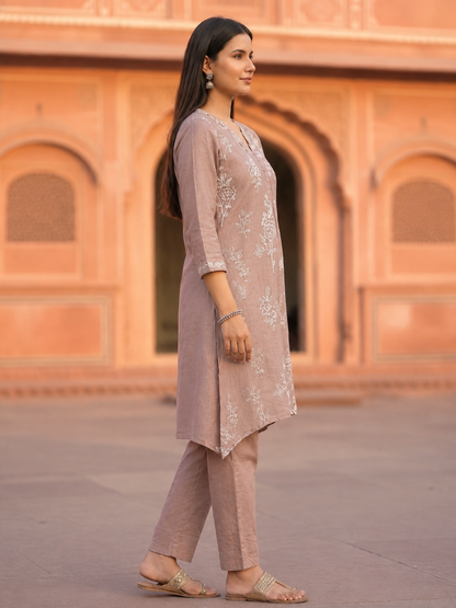 Mauve Solid Chanderi Silk A-Line Kurta Set with Floral Mirror & Threadwork Embroidery & Palazzo
