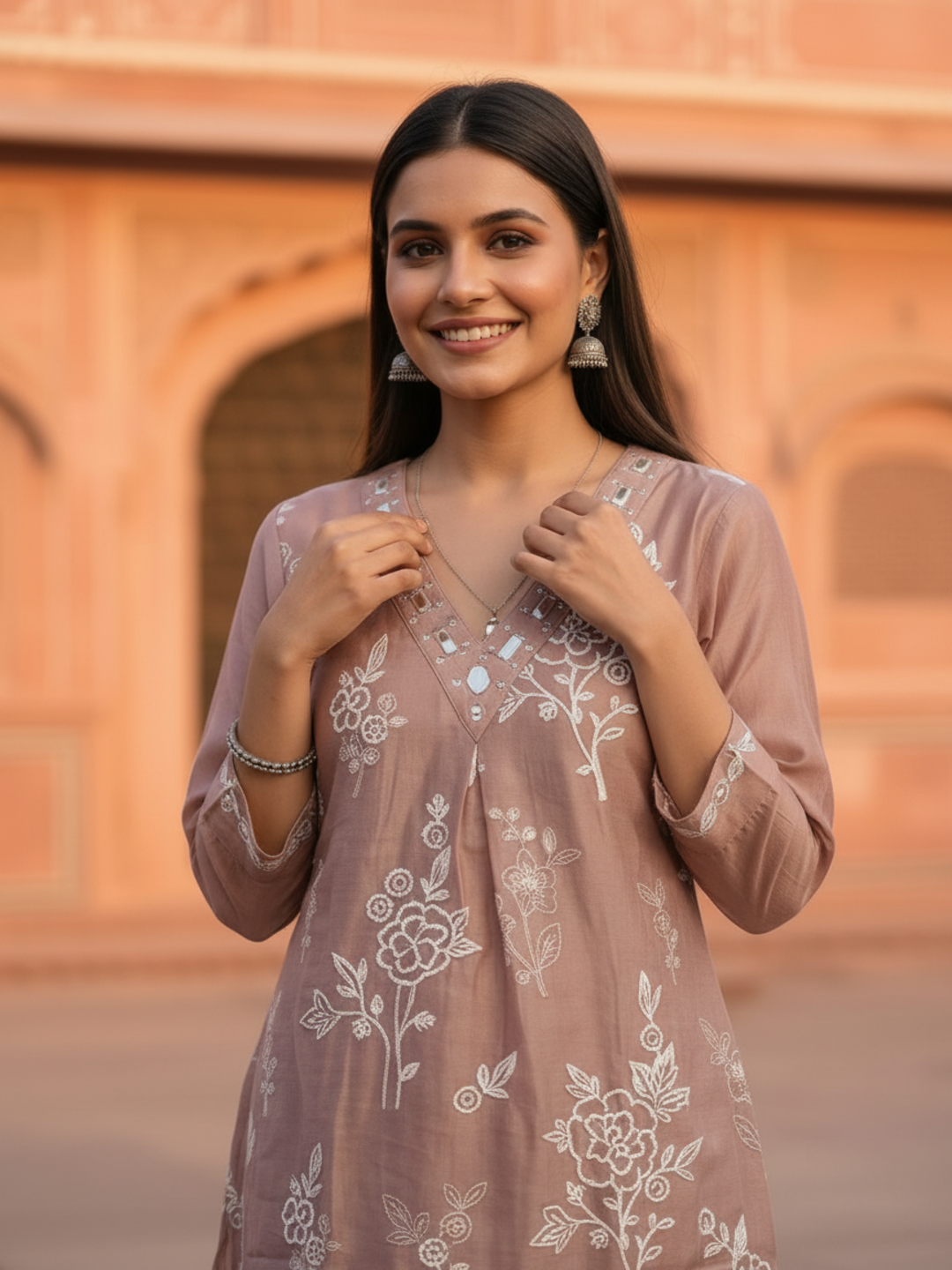 Mauve Solid Chanderi Silk A-Line Kurta Set with Floral Mirror & Threadwork Embroidery & Palazzo