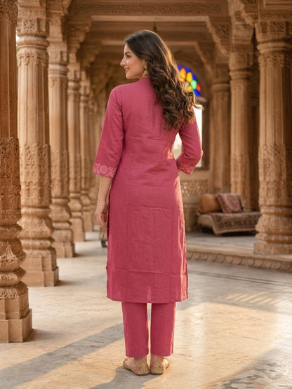 Dusty Rose Solid Cotton A-Line Kurta Set with Floral Chikankari Embroidery, Mandarin Collar & Palazzo