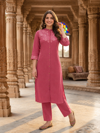 Dusty Rose Solid Cotton A-Line Kurta Set with Floral Chikankari Embroidery, Mandarin Collar & Palazzo