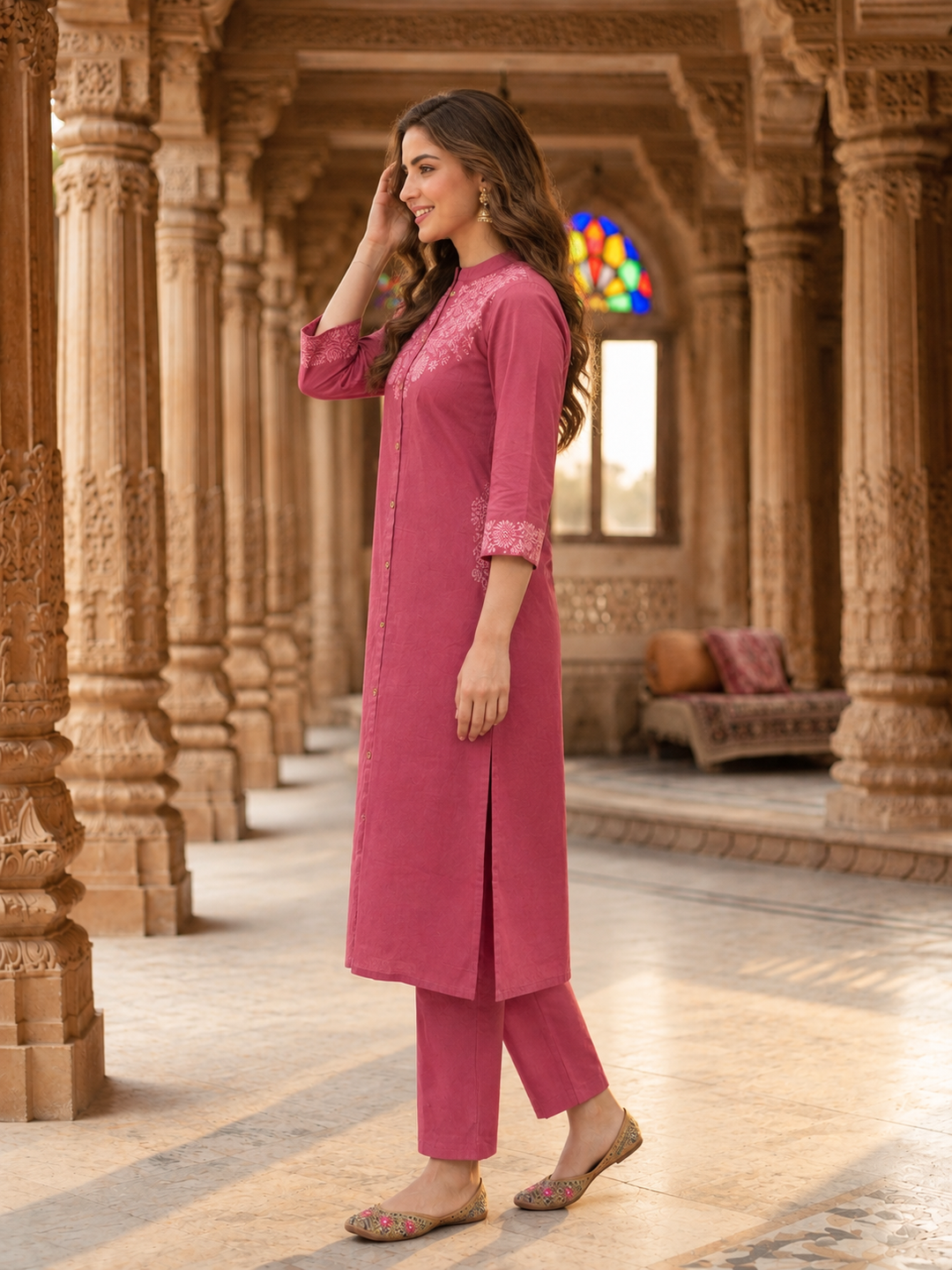 Dusty Rose Solid Cotton A-Line Kurta Set with Floral Chikankari Embroidery, Mandarin Collar & Palazzo