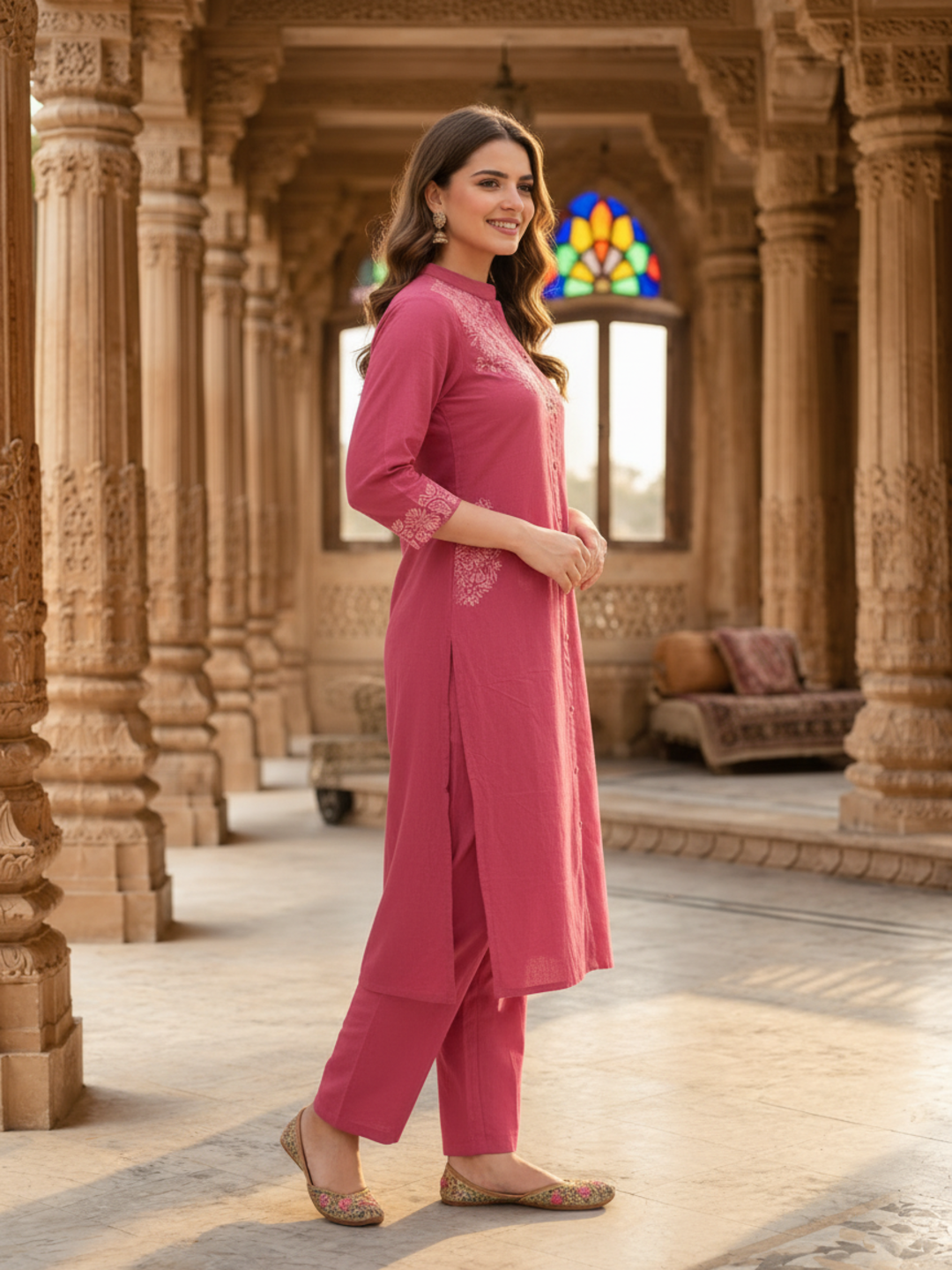 Dusty Rose Solid Cotton A-Line Kurta Set with Floral Chikankari Embroidery, Mandarin Collar & Palazzo