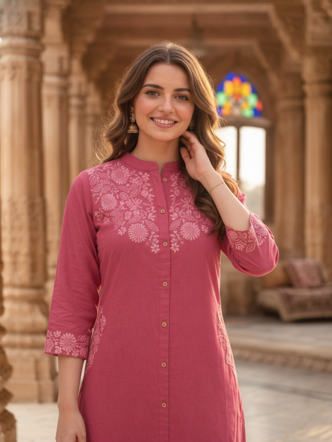 Dusty Rose Solid Cotton A-Line Kurta Set with Floral Chikankari Embroidery, Mandarin Collar & Palazzo