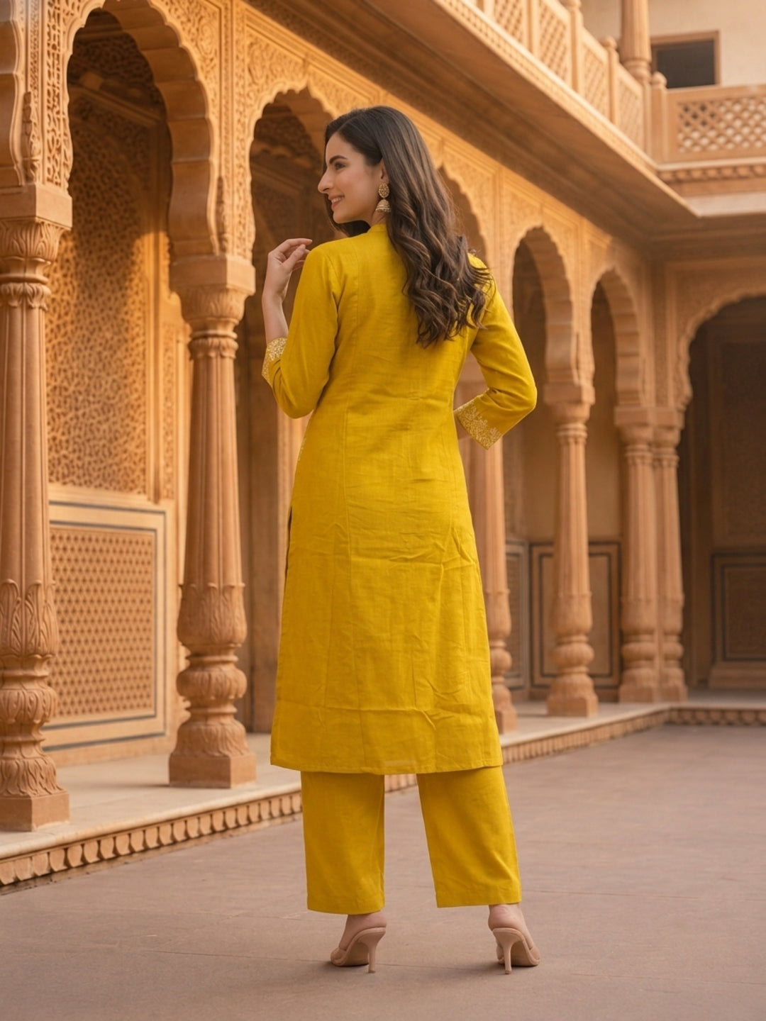 Mustard Yellow Solid Cotton A-Line Kurta Set with Floral Chikankari Embroidery, Mandarin Collar & Palazzo