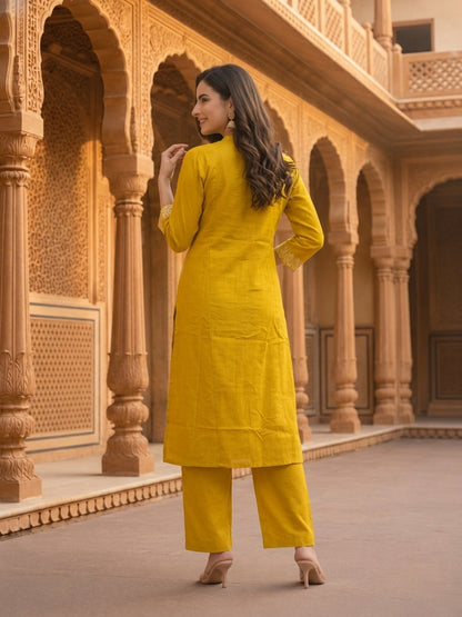 Mustard Yellow Solid Cotton A-Line Kurta Set with Floral Chikankari Embroidery, Mandarin Collar & Palazzo
