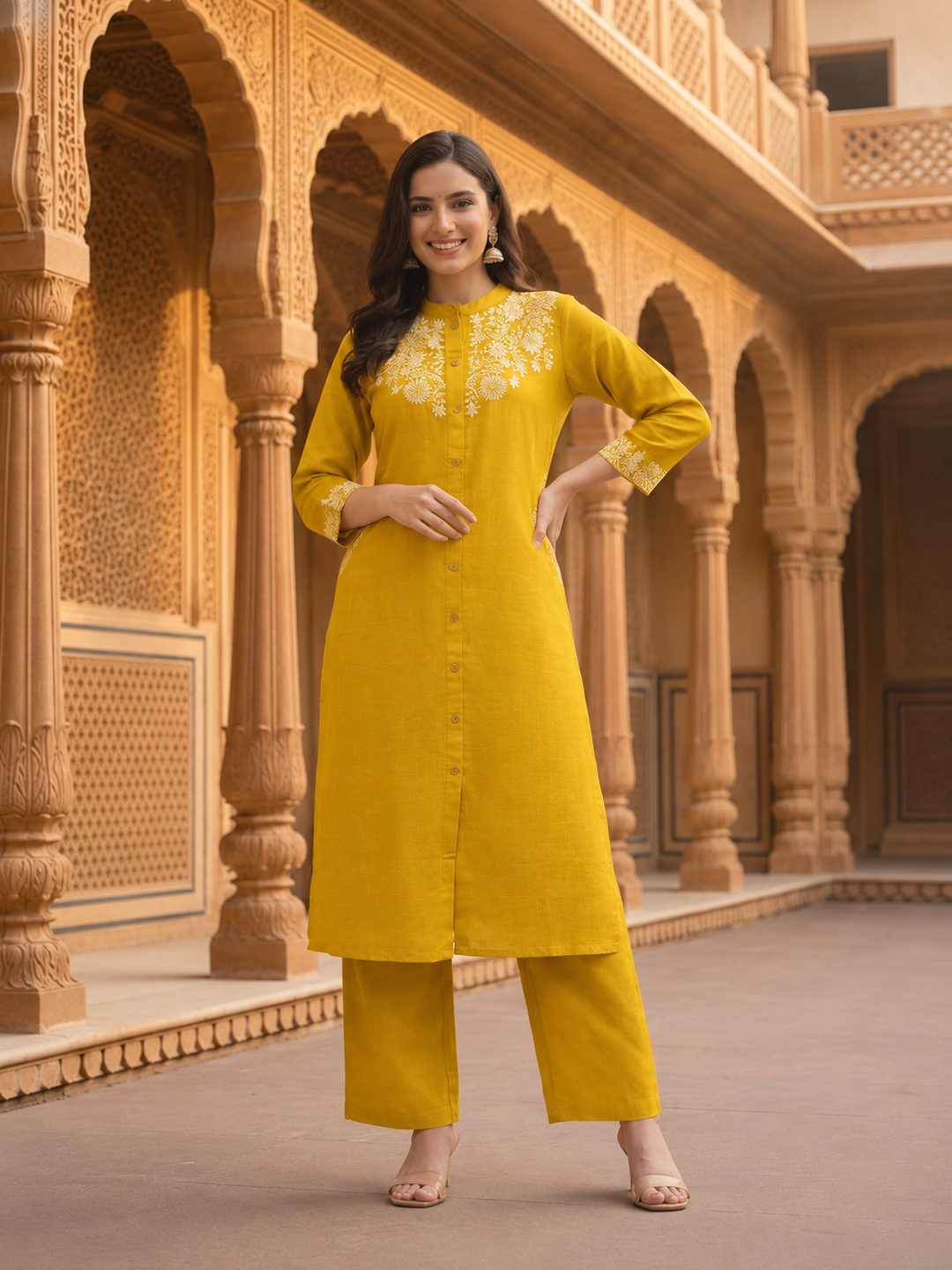Mustard Yellow Solid Cotton A-Line Kurta Set with Floral Chikankari Embroidery, Mandarin Collar & Palazzo