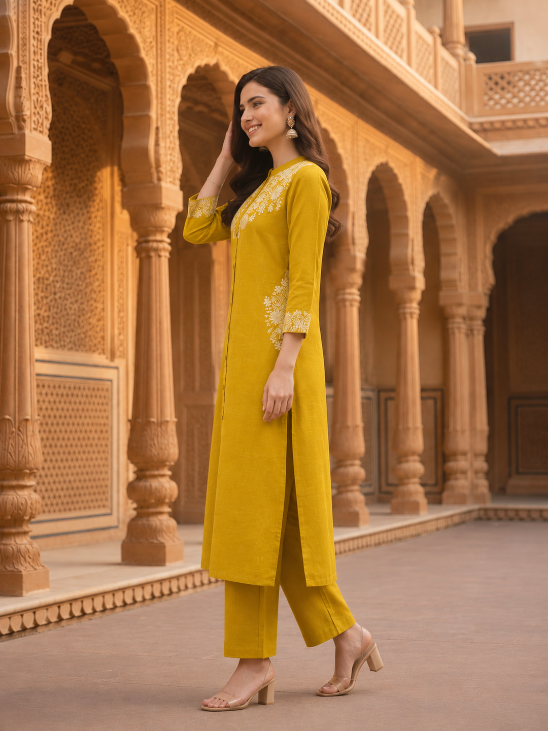 Mustard Yellow Solid Cotton A-Line Kurta Set with Floral Chikankari Embroidery, Mandarin Collar & Palazzo
