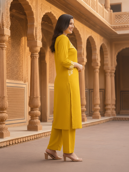 Mustard Yellow Solid Cotton A-Line Kurta Set with Floral Chikankari Embroidery, Mandarin Collar & Palazzo