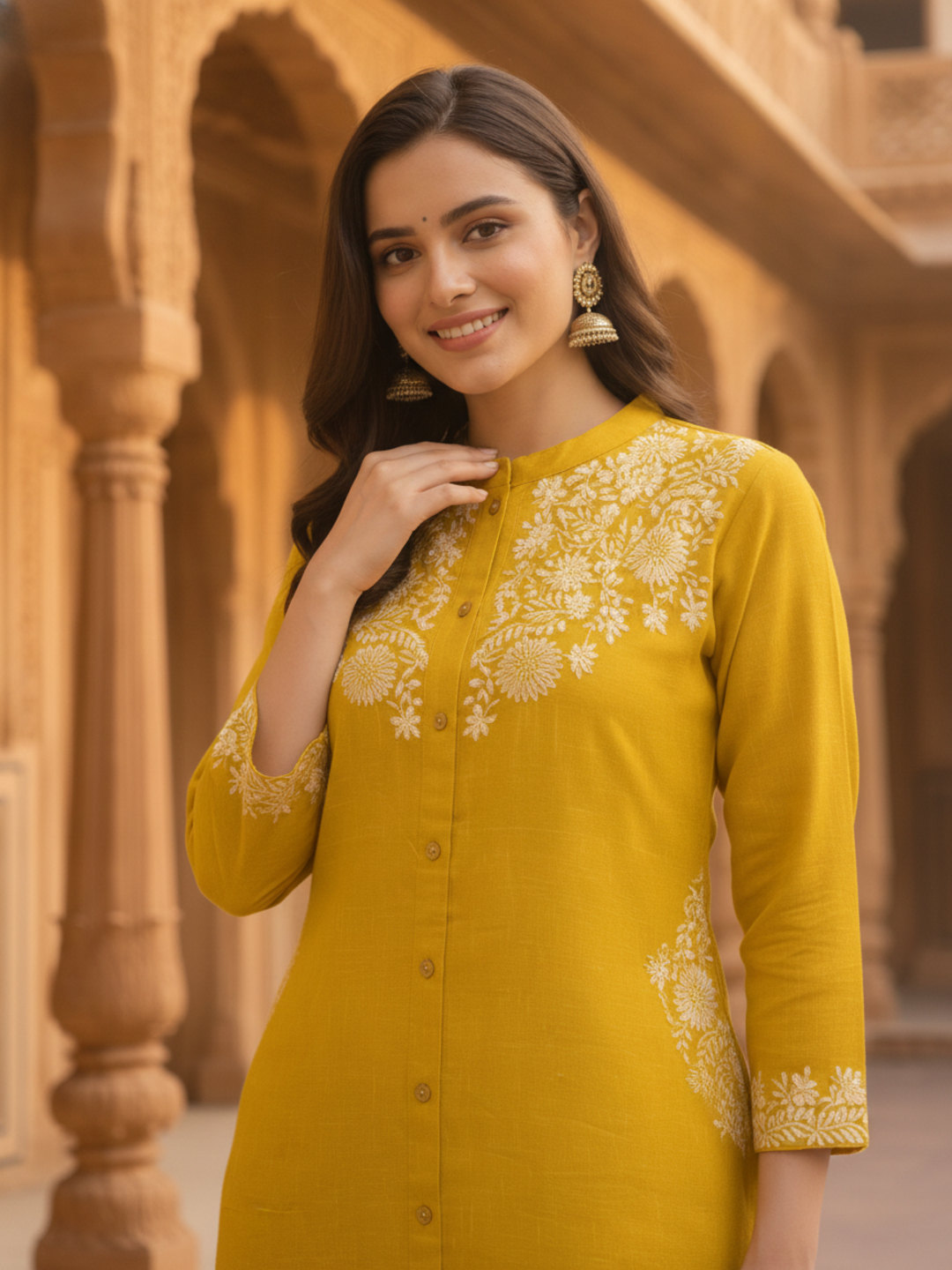 Mustard Yellow Solid Cotton A-Line Kurta Set with Floral Chikankari Embroidery, Mandarin Collar & Palazzo