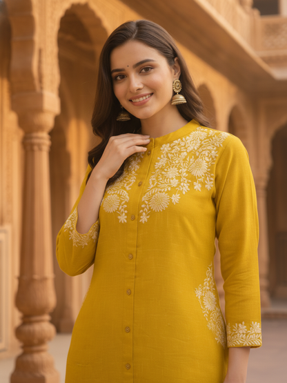 Mustard Yellow Solid Cotton A-Line Kurta Set with Floral Chikankari Embroidery, Mandarin Collar & Palazzo