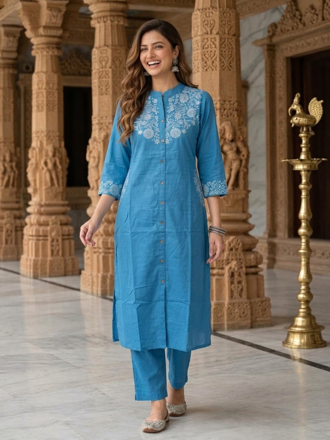 Sky Blue Solid Cotton A-Line Kurta Set with Floral Chikankari Embroidery, Mandarin Collar & Palazzo