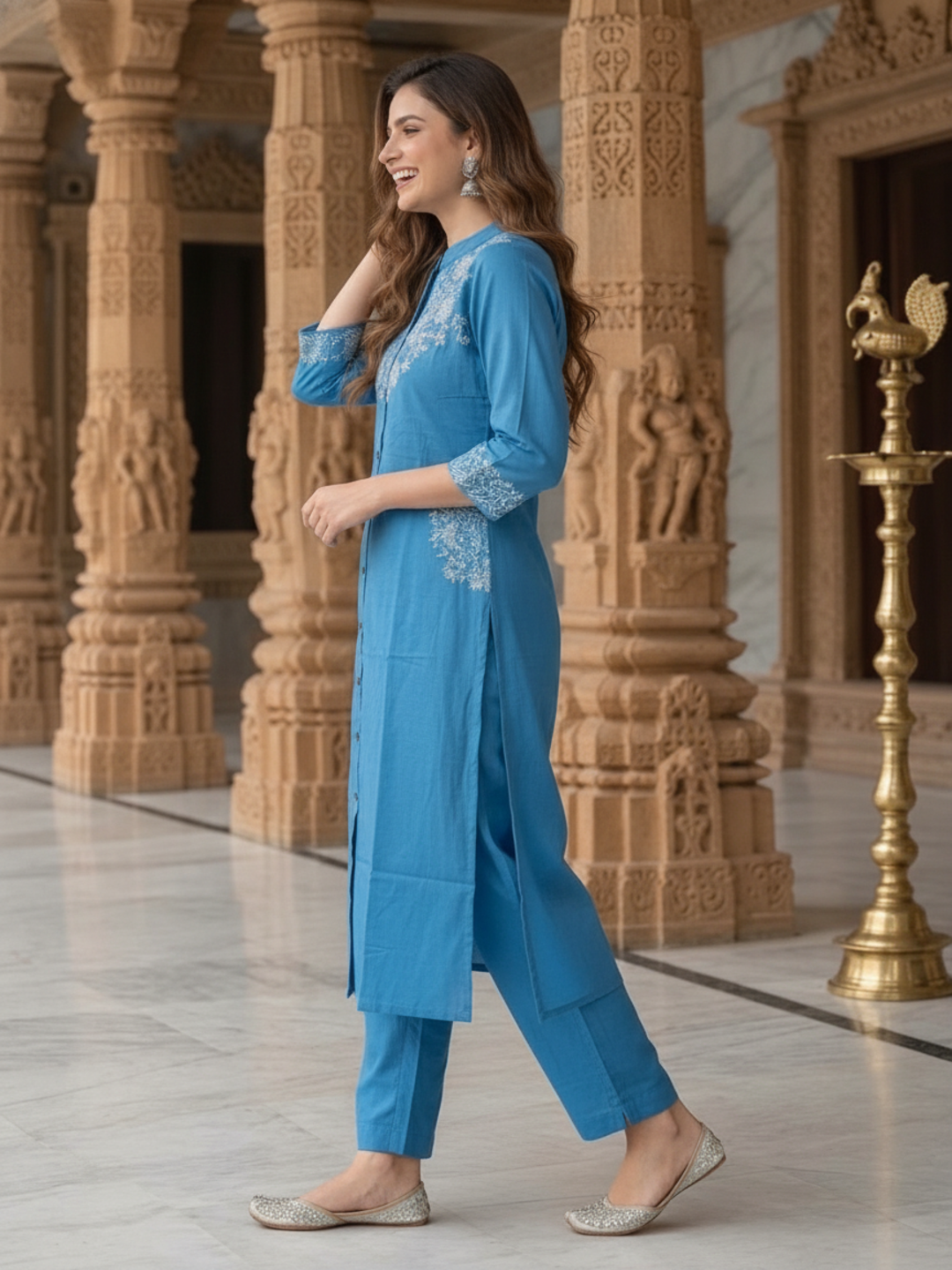 Sky Blue Solid Cotton A-Line Kurta Set with Floral Chikankari Embroidery, Mandarin Collar & Palazzo