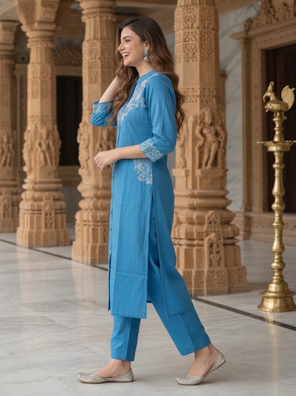 Sky Blue Solid Cotton A-Line Kurta Set with Floral Chikankari Embroidery, Mandarin Collar & Palazzo