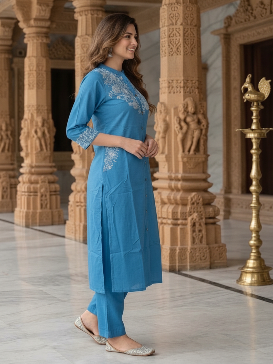 Sky Blue Solid Cotton A-Line Kurta Set with Floral Chikankari Embroidery, Mandarin Collar & Palazzo