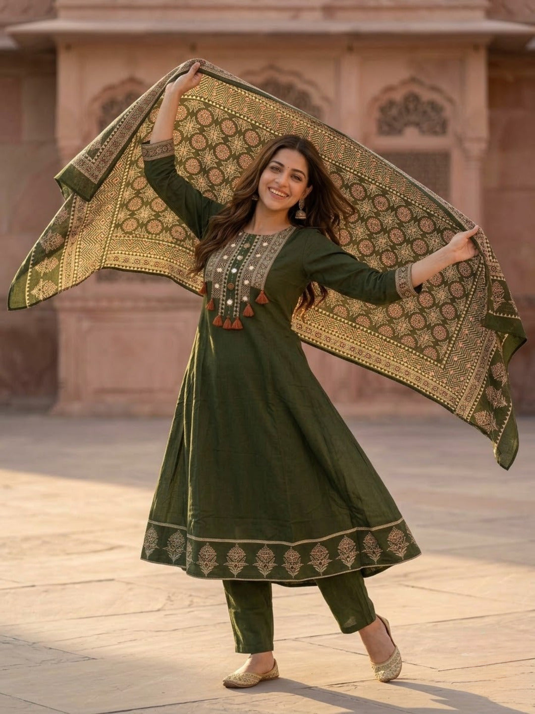 Olive Green Floral Printed Cotton A-Line Kurta Set with Mirror Work Yoke, Pant & Printed Cotton Dupatta