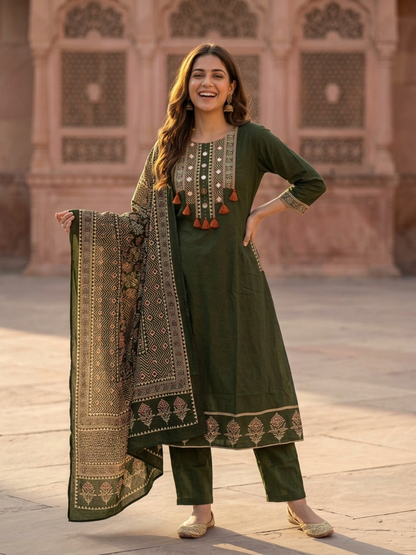 Olive Green Floral Printed Cotton A-Line Kurta Set with Mirror Work Yoke, Pant & Printed Cotton Dupatta