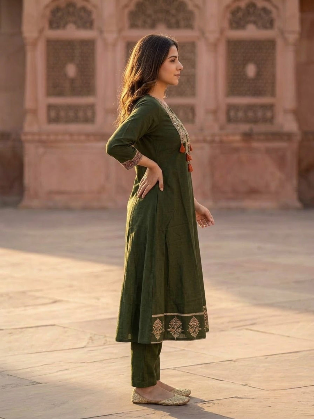 Olive Green Floral Printed Cotton A-Line Kurta Set with Mirror Work Yoke, Pant & Printed Cotton Dupatta