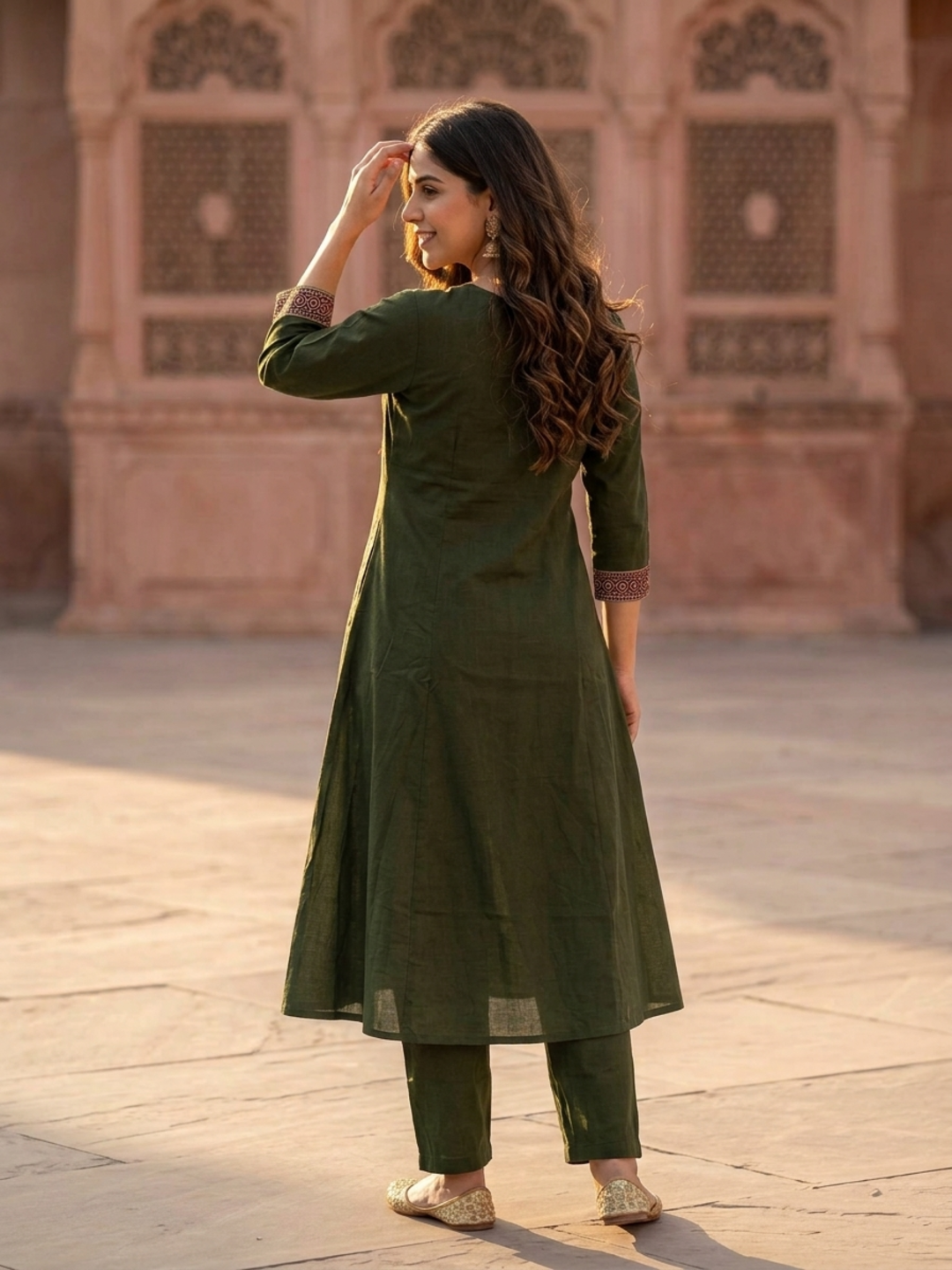Olive Green Floral Printed Cotton A-Line Kurta Set with Mirror Work Yoke, Pant & Printed Cotton Dupatta