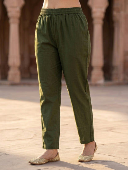 Olive Green Floral Printed Cotton A-Line Kurta Set with Mirror Work Yoke, Pant & Printed Cotton Dupatta