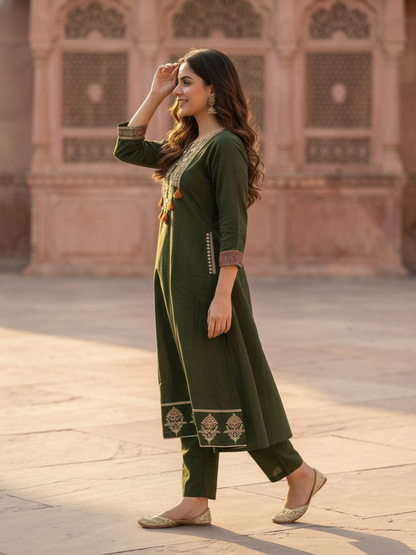Olive Green Floral Printed Cotton A-Line Kurta Set with Mirror Work Yoke, Pant & Printed Cotton Dupatta