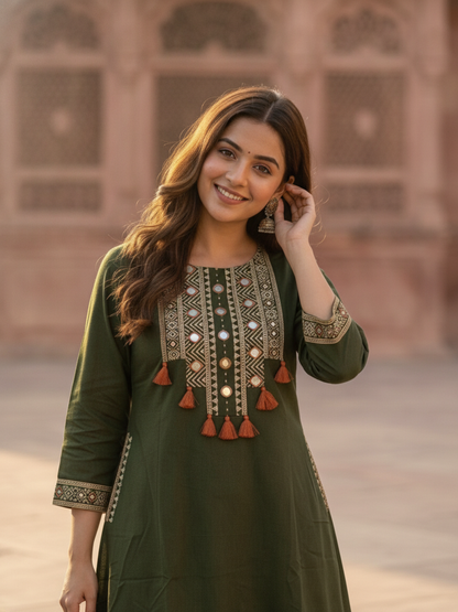 Olive Green Floral Printed Cotton A-Line Kurta Set with Mirror Work Yoke, Pant & Printed Cotton Dupatta
