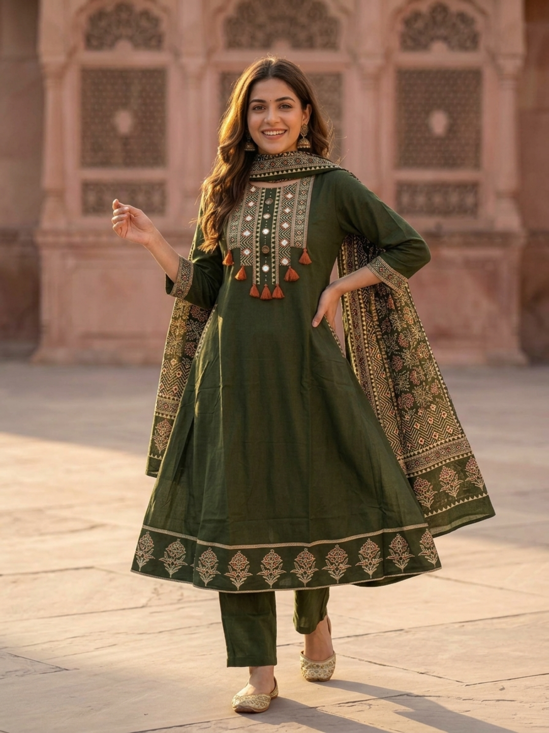 Olive Green Floral Printed Cotton A-Line Kurta Set with Mirror Work Yoke, Pant & Printed Cotton Dupatta