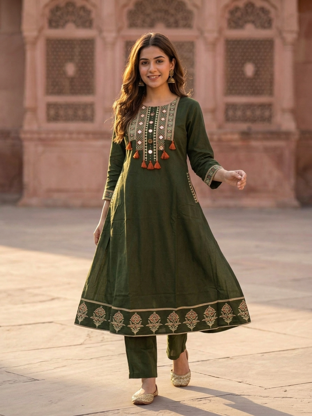 Olive Green Floral Printed Cotton A-Line Kurta Set with Mirror Work Yoke, Pant & Printed Cotton Dupatta