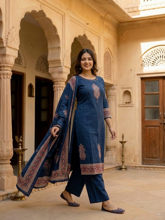 Blue Printed Cotton A-Line Kurta Set with Sequin & Beadwork Embroidery, Palazzo & Printed Cotton Dupatta