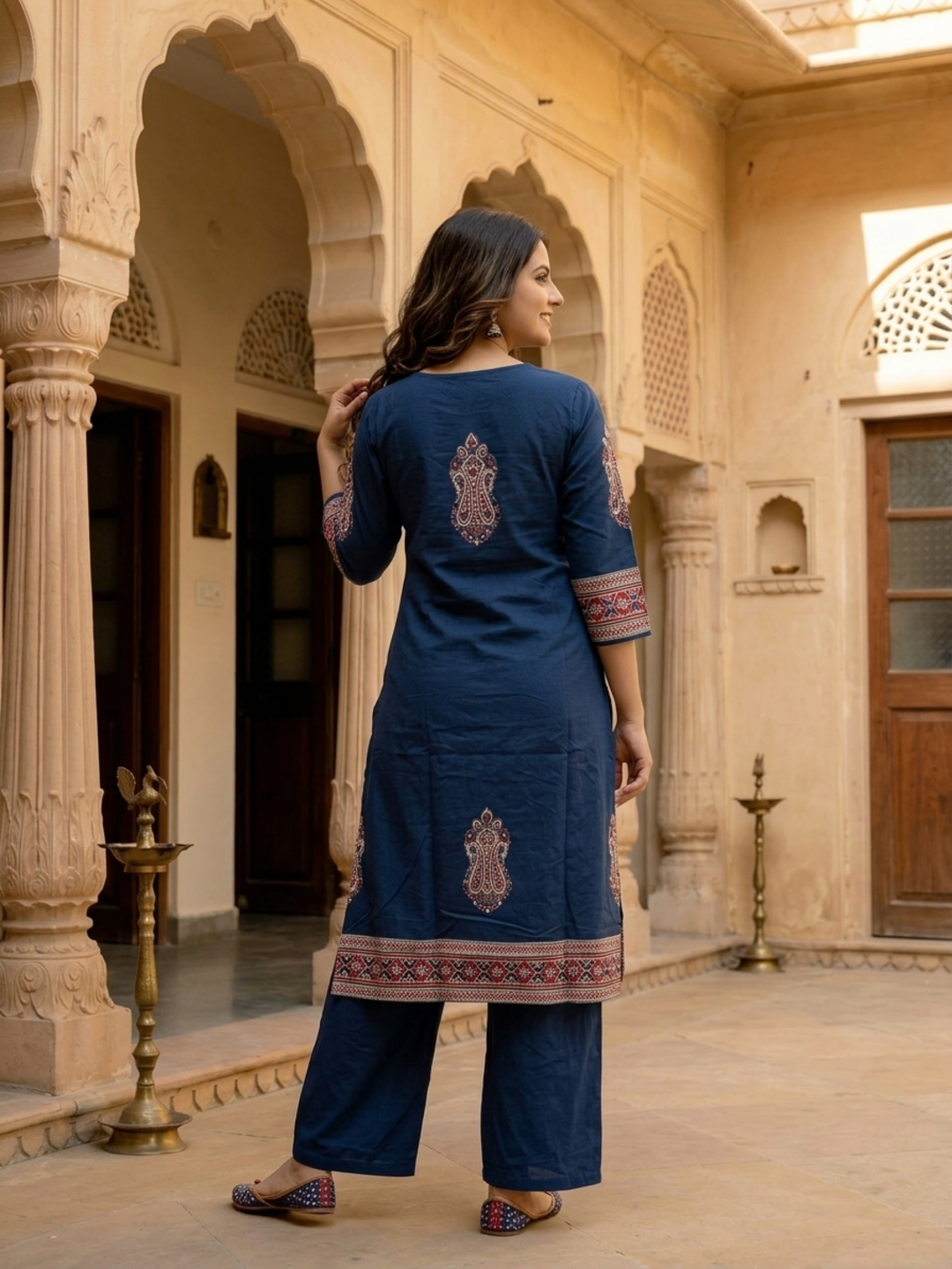Blue Printed Cotton A-Line Kurta Set with Sequin & Beadwork Embroidery, Palazzo & Printed Cotton Dupatta