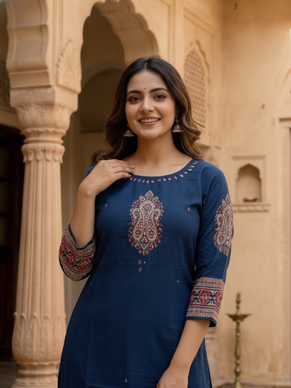 Blue Printed Cotton A-Line Kurta Set with Sequin & Beadwork Embroidery, Palazzo & Printed Cotton Dupatta
