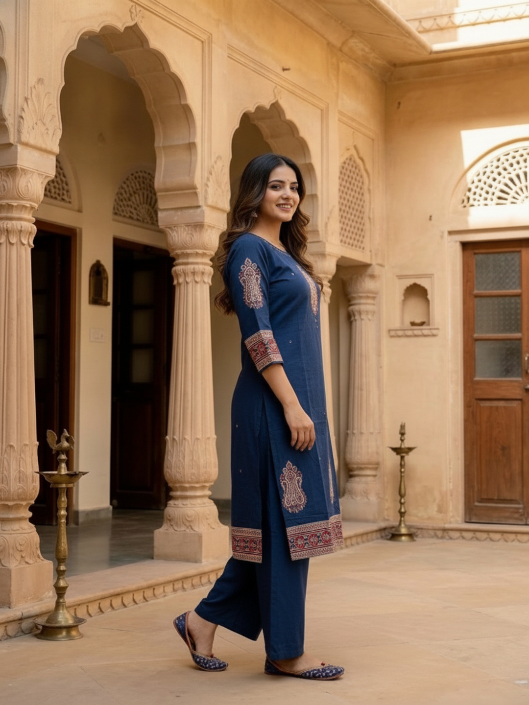 Blue Printed Cotton A-Line Kurta Set with Sequin & Beadwork Embroidery, Palazzo & Printed Cotton Dupatta