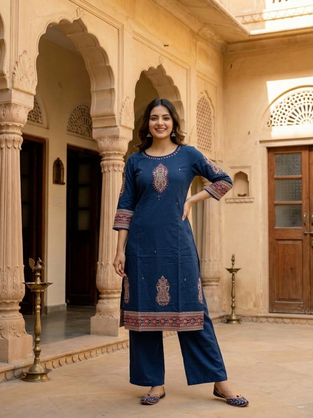 Blue Printed Cotton A-Line Kurta Set with Sequin & Beadwork Embroidery, Palazzo & Printed Cotton Dupatta