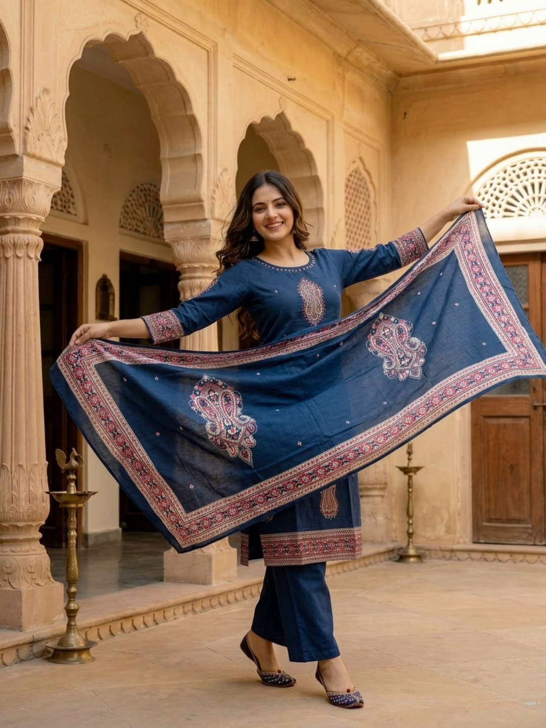 Blue Printed Cotton A-Line Kurta Set with Sequin & Beadwork Embroidery, Palazzo & Printed Cotton Dupatta