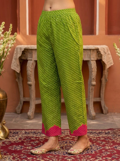Lime Green Leheriya Printed Cotton Straight Kurta Set with Mirror Work, Palazzo & Crochet Lace Dupatta