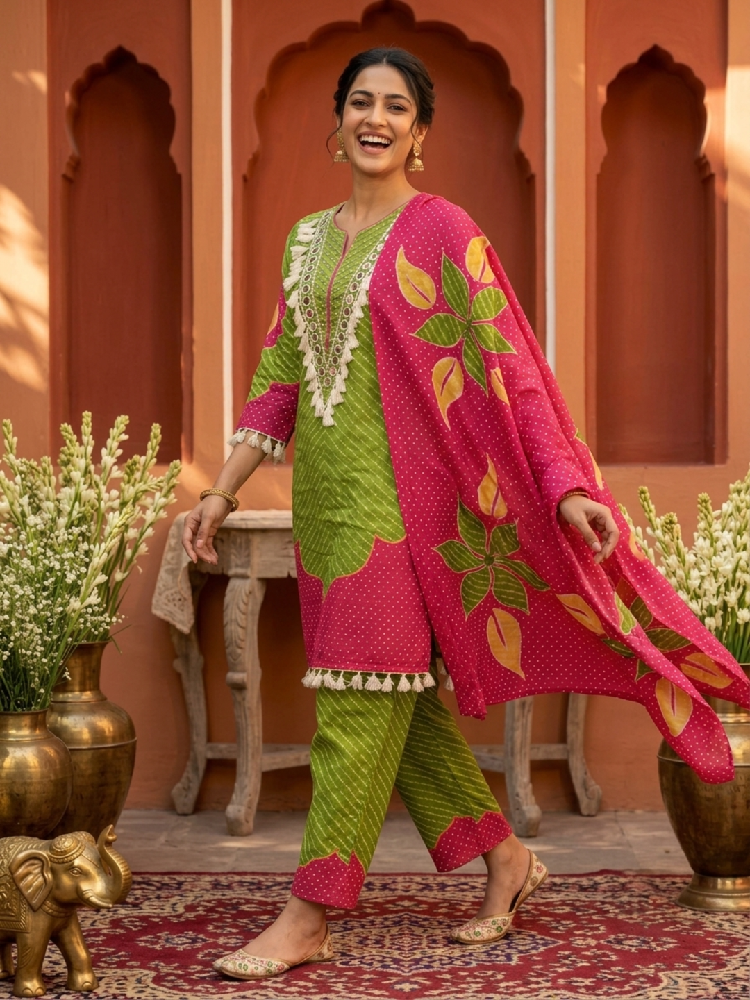 Lime Green Leheriya Printed Cotton Straight Kurta Set with Mirror Work, Palazzo & Crochet Lace Dupatta